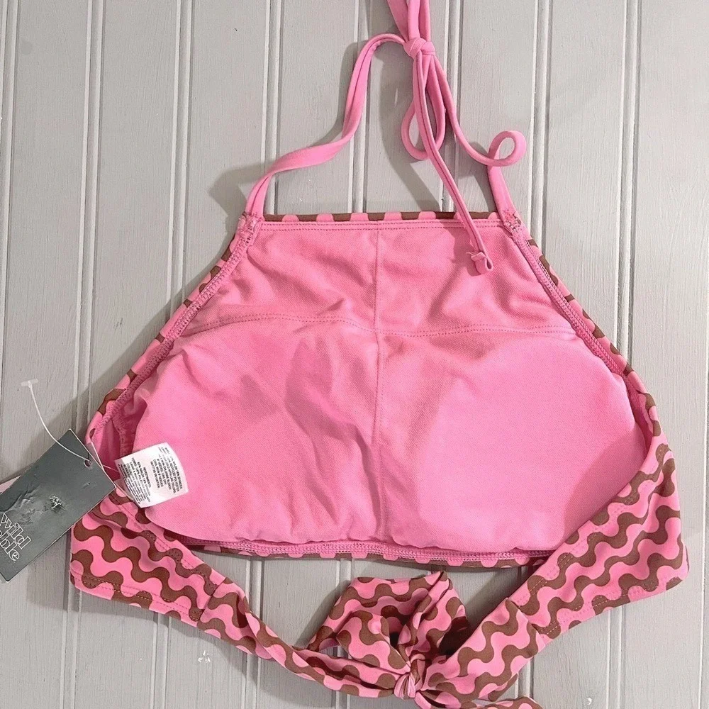 Wild Fable Halter Bikini Swim Top Womens Small Pink Brown Waves Stretchy NWT